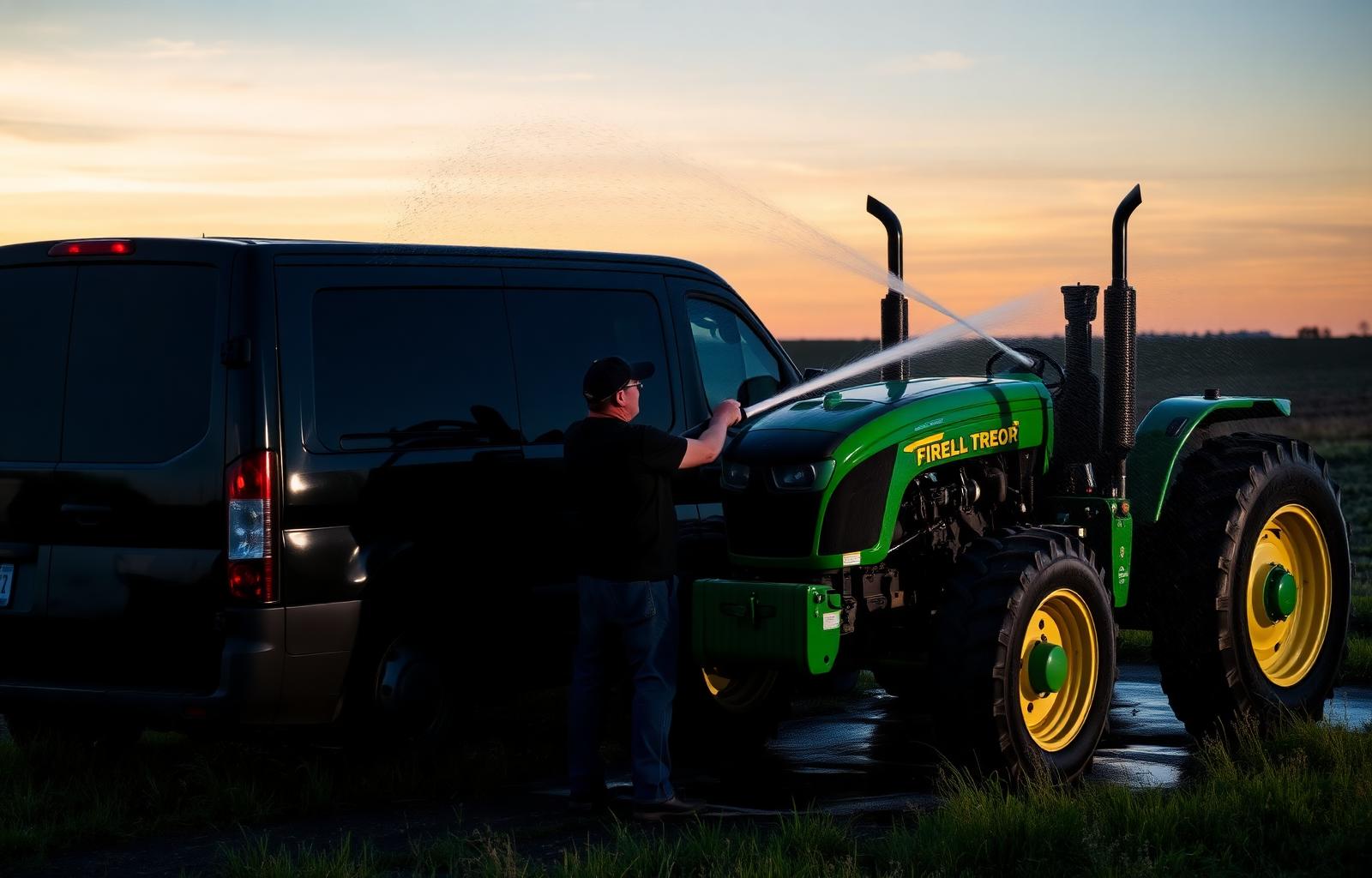 ATD mobile detailing rig washing a tractor on a Nebraska farm at dusk