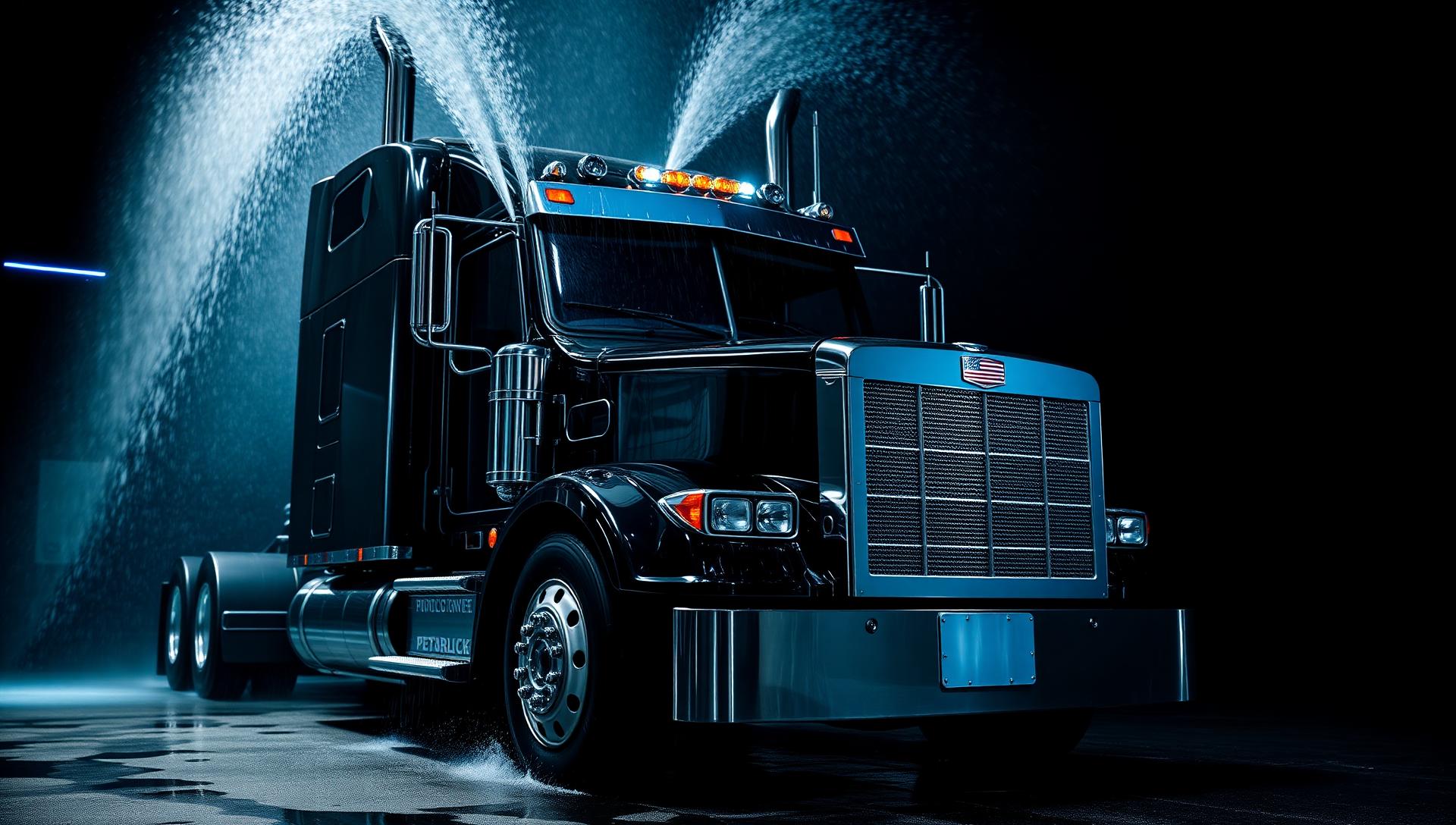 Black semi truck being detailed under high-pressure water spray